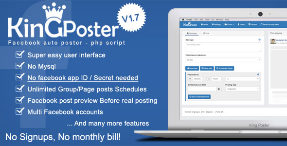 King poster v1.7.9 – Facebook çoklu Grup / Sayfa otomatik gönderi – PHP script