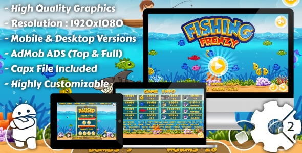 Fishing Frenzy – HTML5 Oyunu, Mobil Versiyon+AdMob!!! (Yapı-2 CAPX)