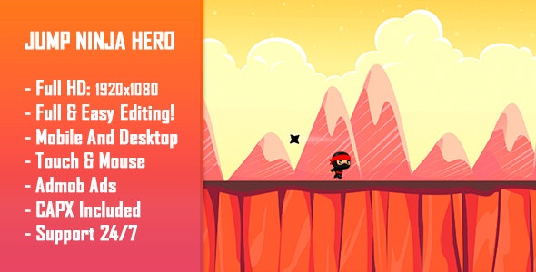 Jump Ninja Hero – HTML5 Game + Mobile Version! (Construct 2 / Construct 3 / CAPX)